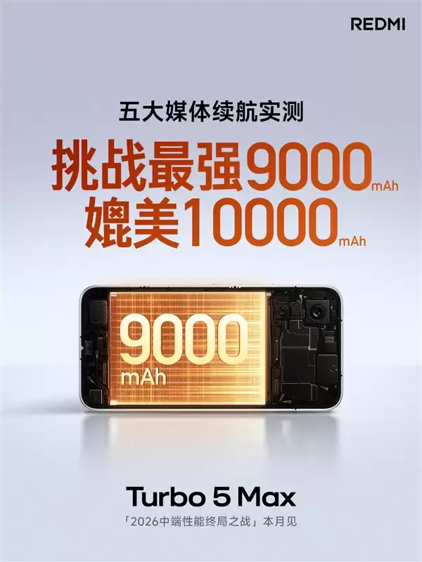 REDMI：Turbo 5 Max 9000mAh电池实测媲美10000mAh