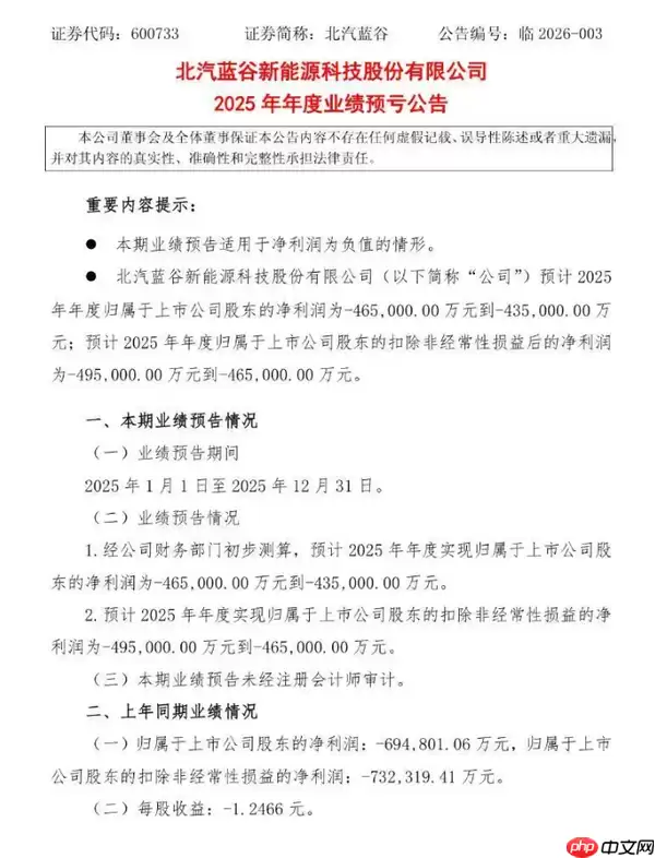 北汽蓝谷2025年预计亏损43.5亿元 同比减亏超三成