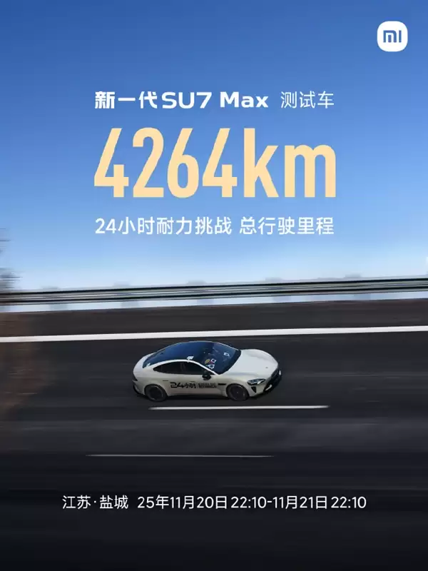 用短跑速度跑马拉松!小米新一代SU7 Max 24小时耐力挑战:斩获4264km