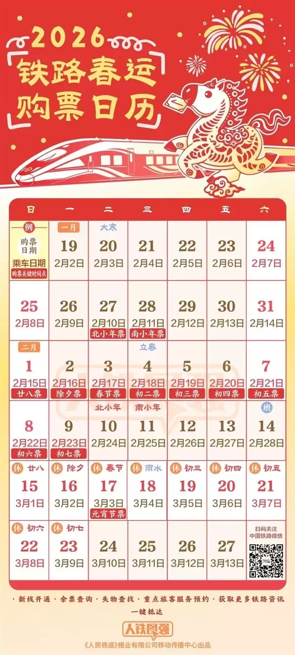 2026年春節9天長假鐵路春運40天將迎5.39億人次出行