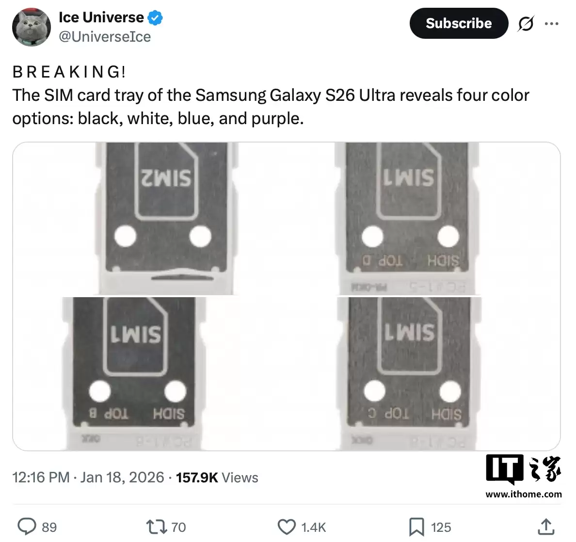 三星 Galaxy S26 Ultra 手机 SIM 卡托曝光,提供黑白紫蓝四种配色