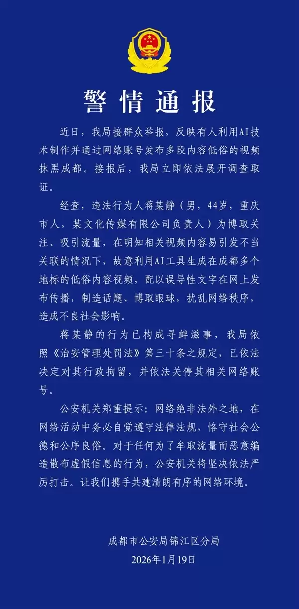 男子利用AI生成低俗视频被拘：故意配上成都多个地标