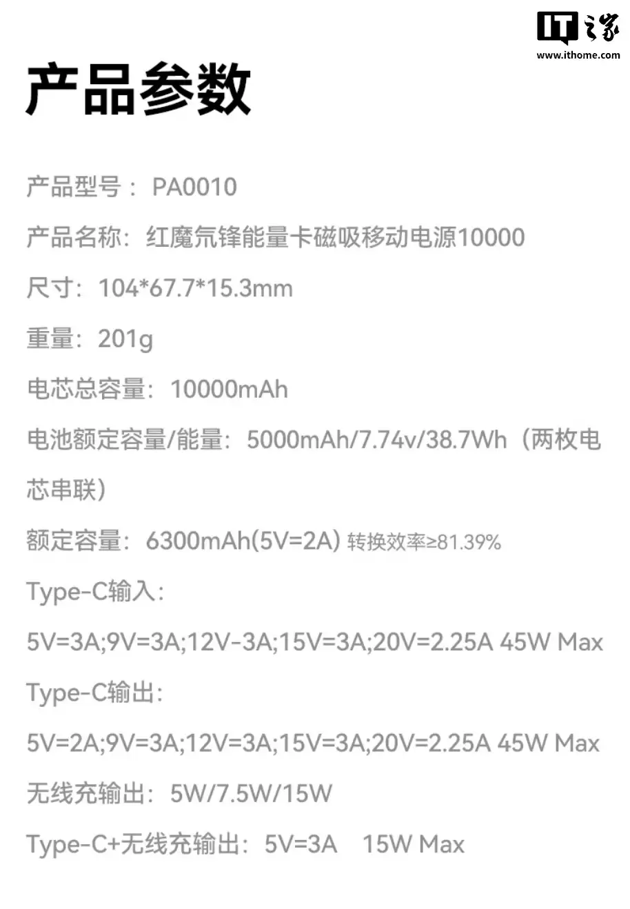 努比亚红魔 45W 磁吸能量卡上架：15W 无线、45W 有线，10000mAh 售 269 元