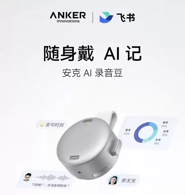 安克创新与飞书联合发布“安克 AI 录音豆” 手指可握仅重 10 克
