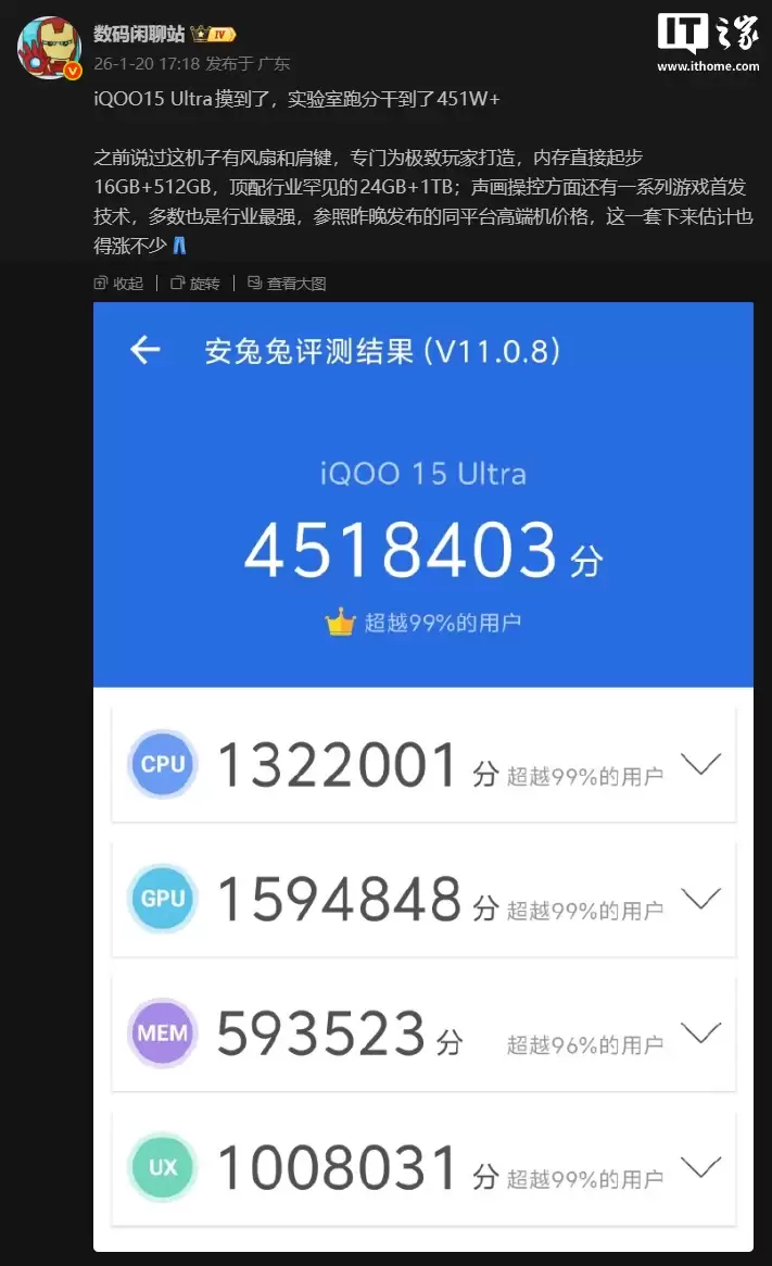 消息称 iQOO 15 Ultra 手机起跳配置 16GB+512GB,顶配为 24GB+1TB