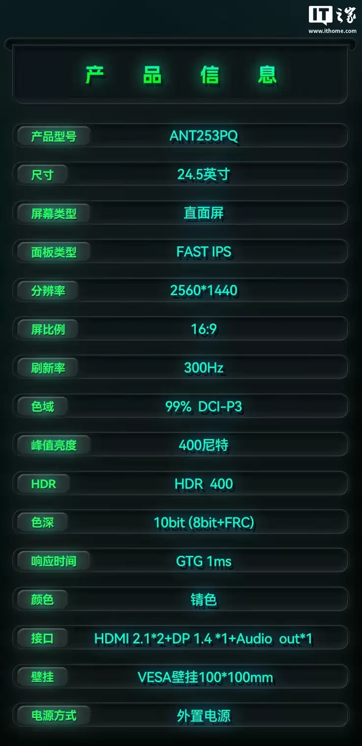 HKC 旗下蚂蚁电竞推出“ANT253PQ-N”24.5 英寸《永劫无间》联名显示器：2K 300Hz，1799 元