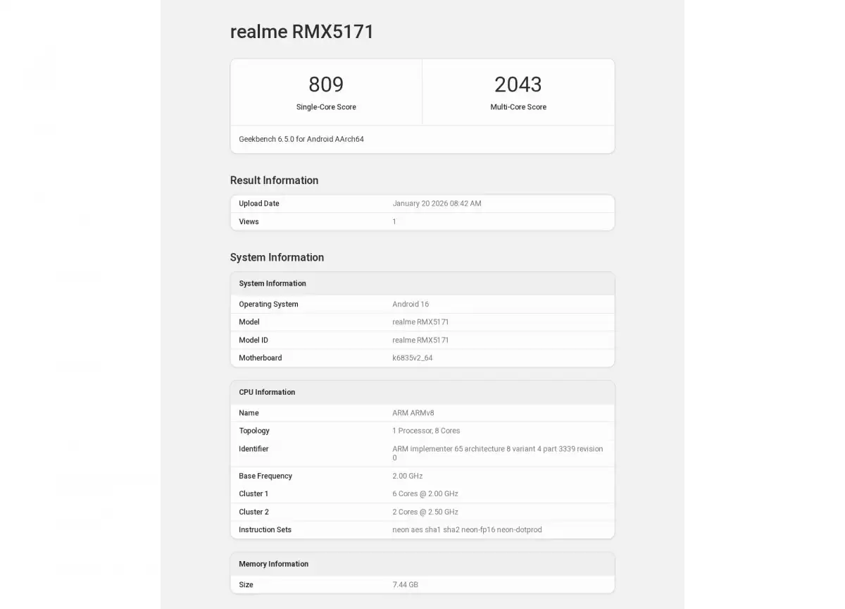 realme 真我 16 标准版手机现身 Geekbench：天玑 6400 + 8GB RAM