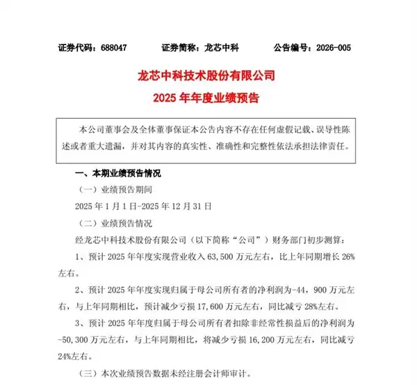 龙芯中科:预计2025年营收6.35亿元 净亏5个亿