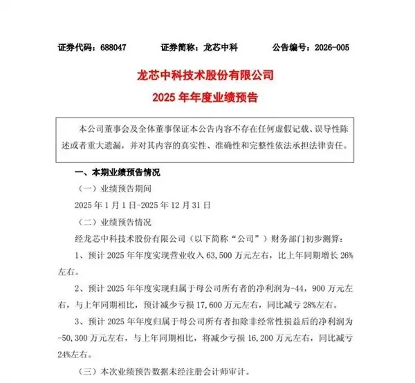 龙芯中科2025年营收6.35亿元,亏损收窄24%—28%,经营持续向好