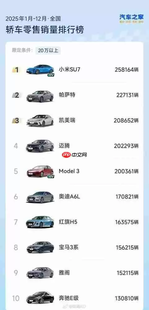 2025年20万以上轿车销量出炉 小米SU7力压帕萨特夺冠