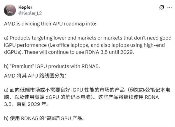 开始挤牙膏!AMD核显坚守RDNA3.5到2029年:高端才有RDNA5
