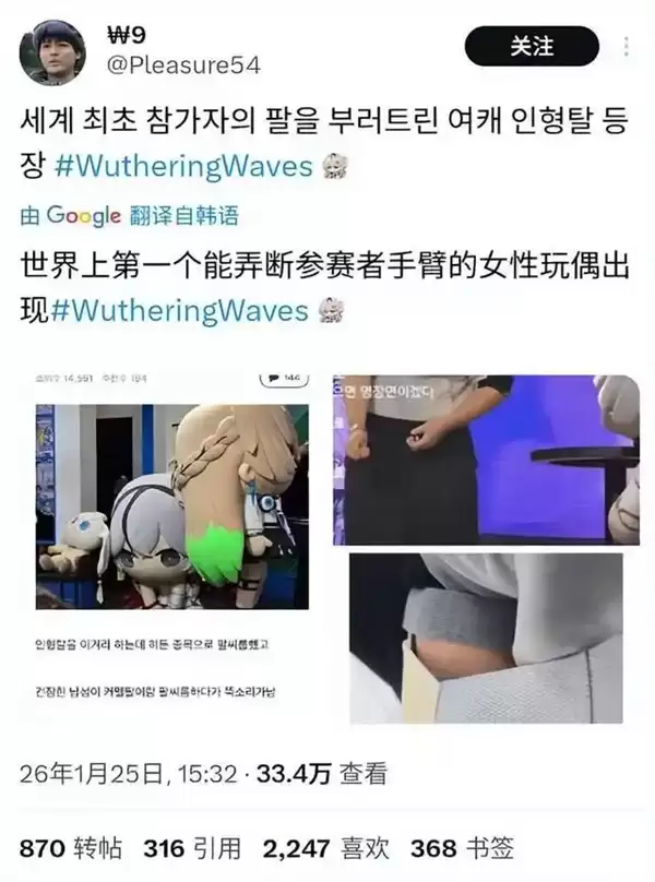 韩国玩家挑战《鸣潮》吉祥物椿：比赛掰手腕没曾想直接骨折！