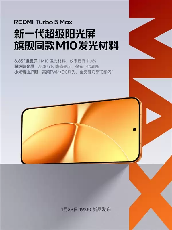 REDMI Turbo 5 Max搭载新一代超级阳光屏:6.83英寸、3500nits亮度