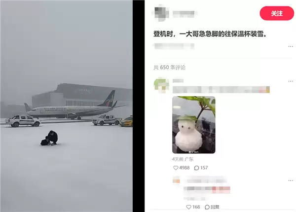 飞机起飞前广东男子往保温杯装雪 网友:这就是南方人对雪的执念吗