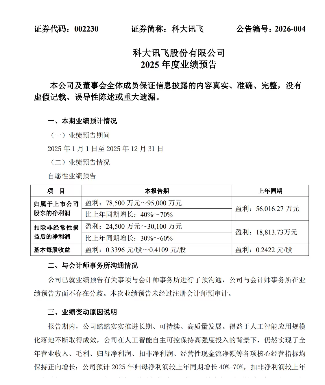 科大讯飞：2025年净利同比预增40%-70% 人工智能应用规模化落地取得成效