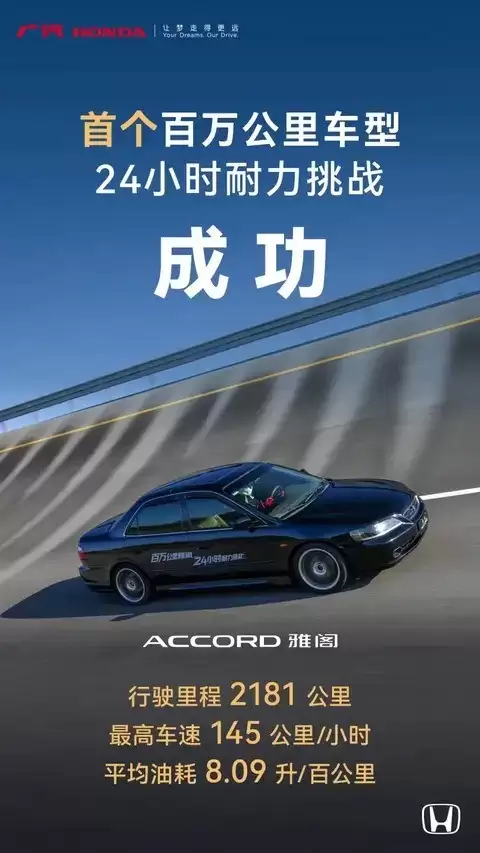 广汽本田第六代雅阁完成百万公里级24小时耐力测试