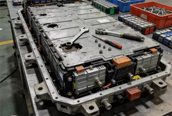 小作坊拆解动力电池干猛活：拆一辆车赚1万 二手电池切开就卖