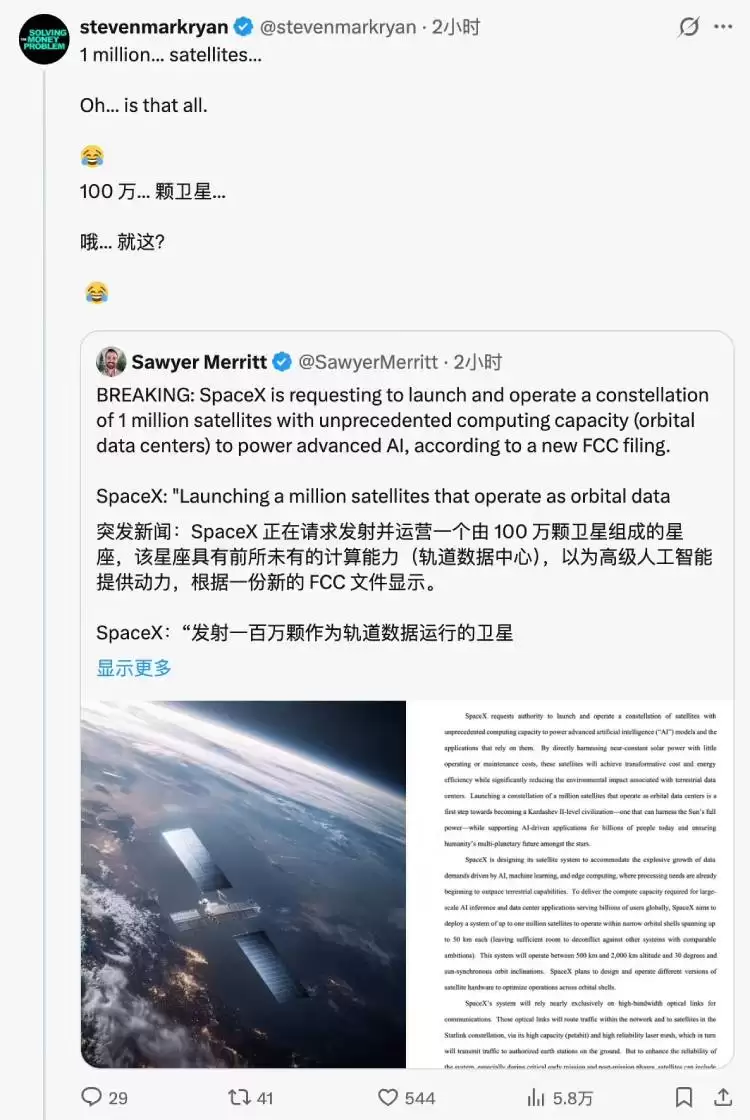 马斯克旗下公司申请部署百万颗卫星构建太空AI算力网