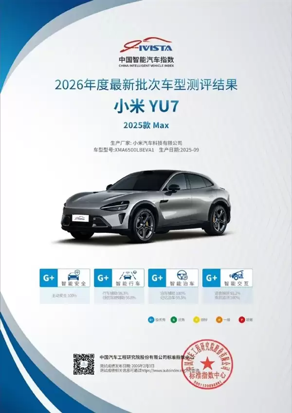 四项全满级！小米YU7刷爆智能汽车指数 主动安全竟然是100分