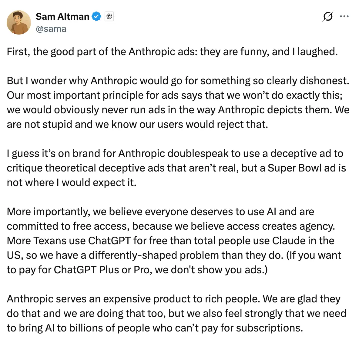 被AI对手暗讽给ChatGPT加广告 奥特曼回应：咱不是一个量级