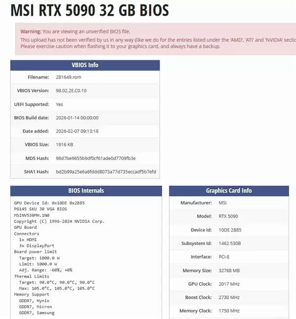 唯一1000W显卡BIOS！微星RTX 5090闪电BIOS流出：非微星卡也能用