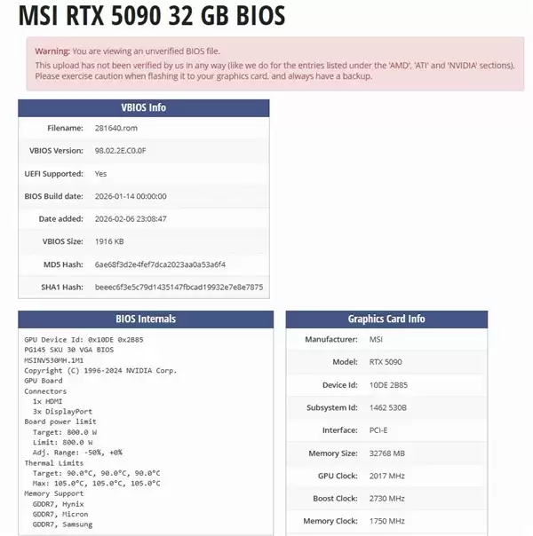 唯一1000W显卡BIOS！微星RTX 5090闪电BIOS流出：非微星卡也能用