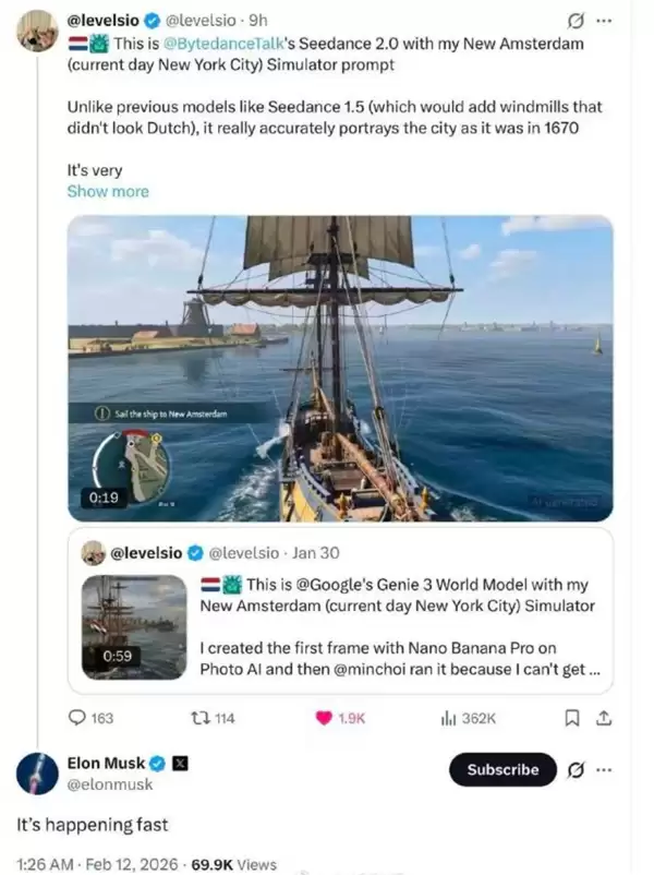网友用Seedance2.0复刻1670年纽约市 马斯克发文感慨：它发展很快