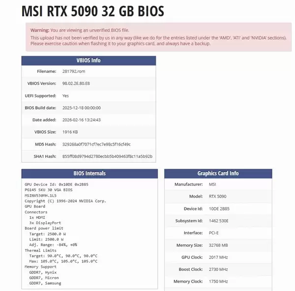 显卡功耗破天际！微星RTX 5090 Lightning Z显卡2500W BIOS流出