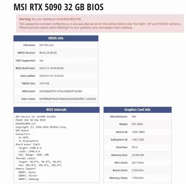 微星RTX 5090 Lightning Z曝2500W超频BIOS，仅限液氮散热专业场景使用