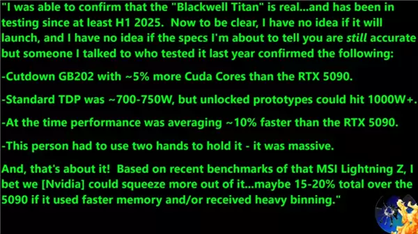NVIDIA新卡皇RTX 5090 Ti再曝光：功耗直飚超700W！性能提升10%