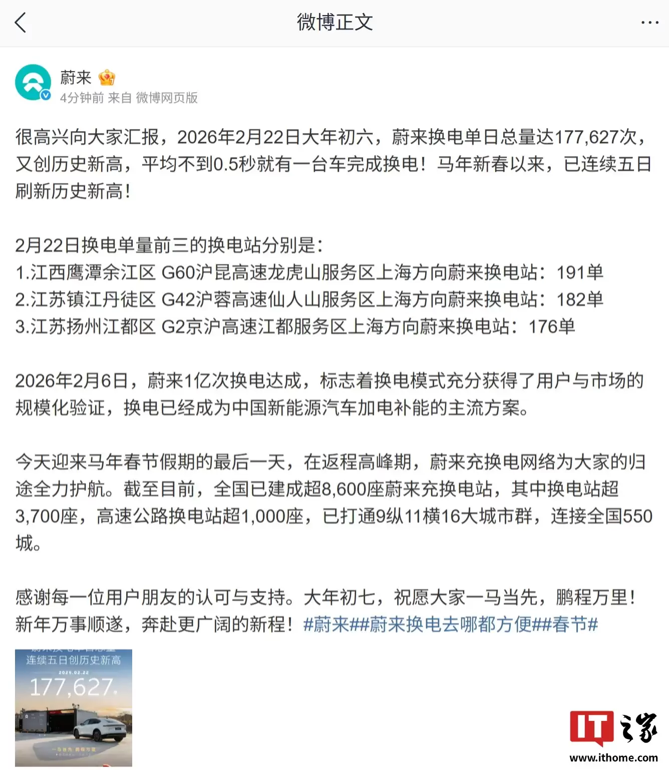 连续五天刷新纪录:蔚来换电单日总量超17.7万次