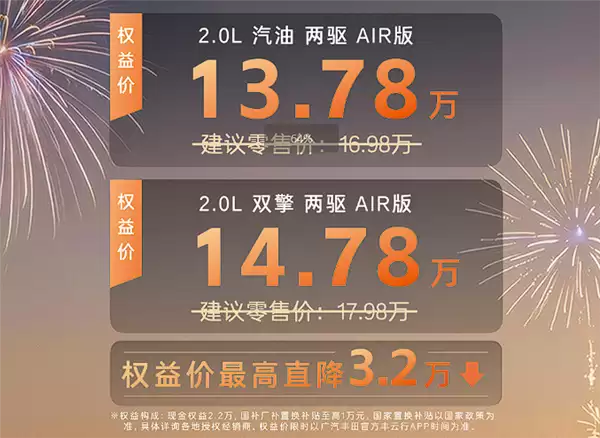 广汽丰田推威兰达AIR版:13.78万起,直降3.2万,配TSS 4.0与三动力