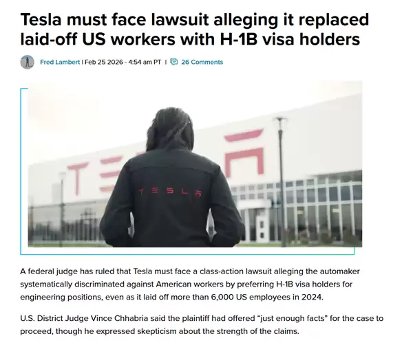 特斯拉被诉歧视本土工程师偏聘H-1B员工，法院准予集体诉讼继续审理
