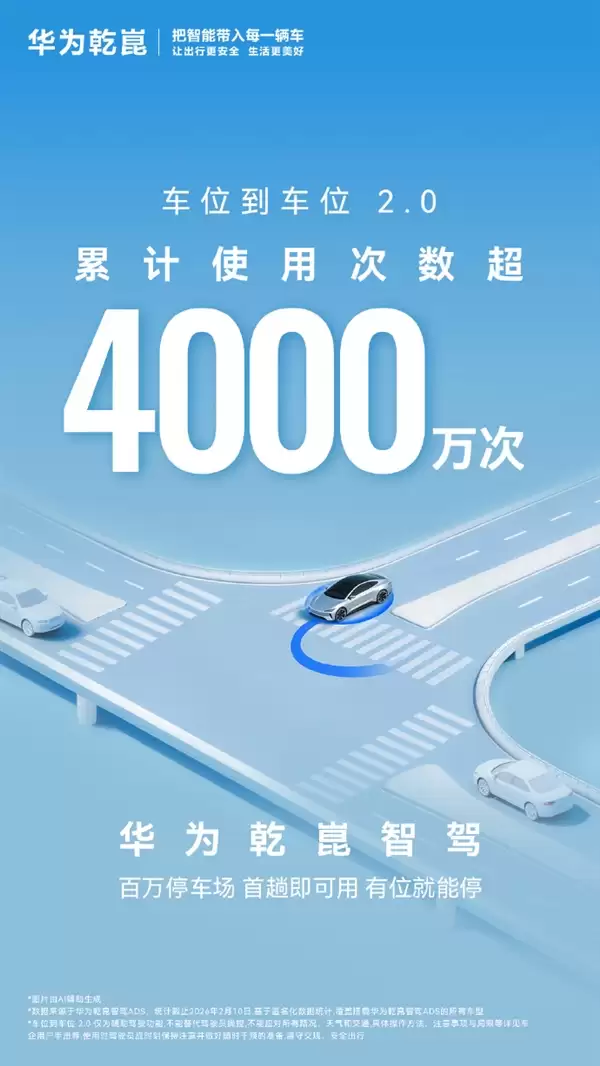 华为乾崑智驾车位到车位2.0突破4000万次 百万停车场首次就能用