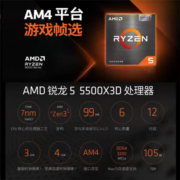 AM4入门游戏神U!锐龙5 5500X3D国内正式上架:1199元