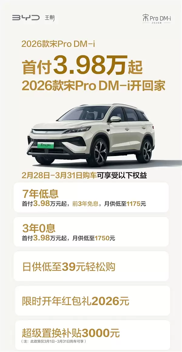 比亚迪宋家族开年王炸 限时金融礼遇上线：3年0息、7年低息