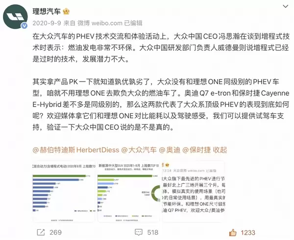 理想高管:恭喜大众成功量产“过时、不环保、潜力不大”的增压技术