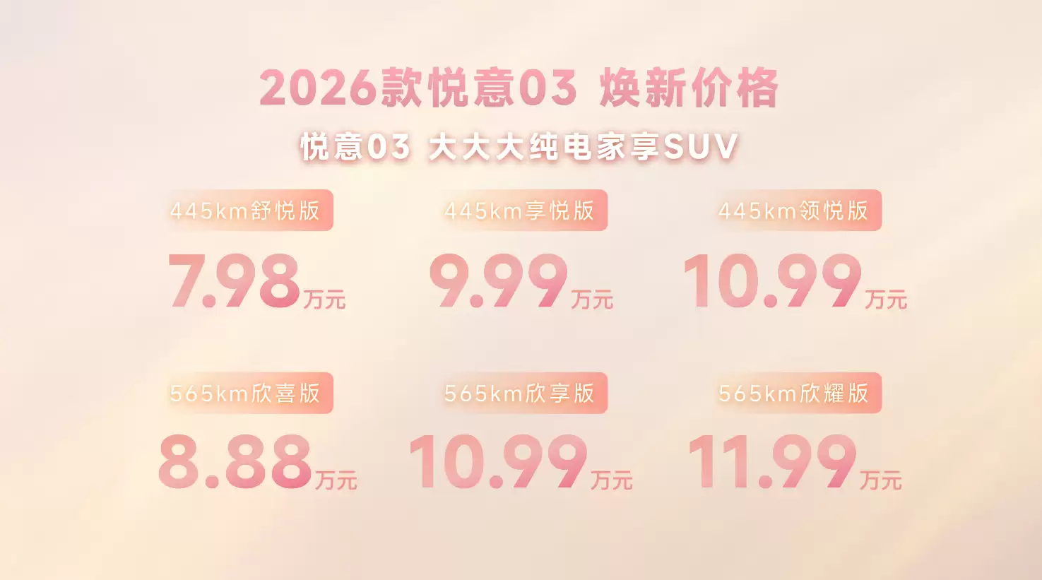7.98万起针对年轻小家庭 2026款悦意03正式上市