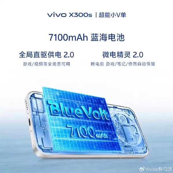 vivo X300s搭载X系列最大7100mAh电池！支持全局直驱供电2.0 边充边玩不烫手