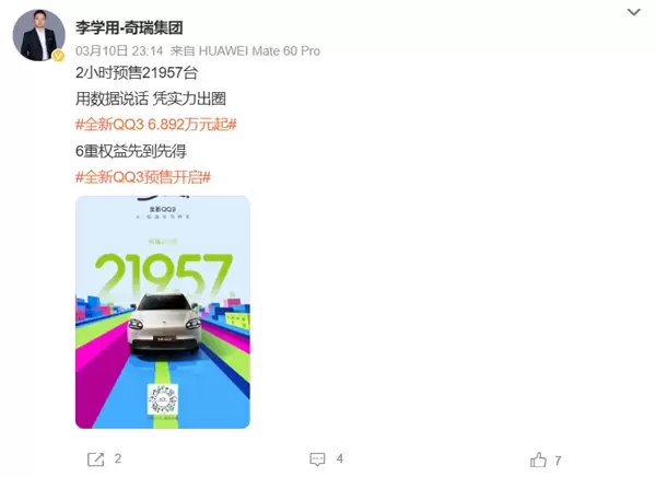 一代国民神车回归！全新奇瑞QQ3预售2小时 订单破两万