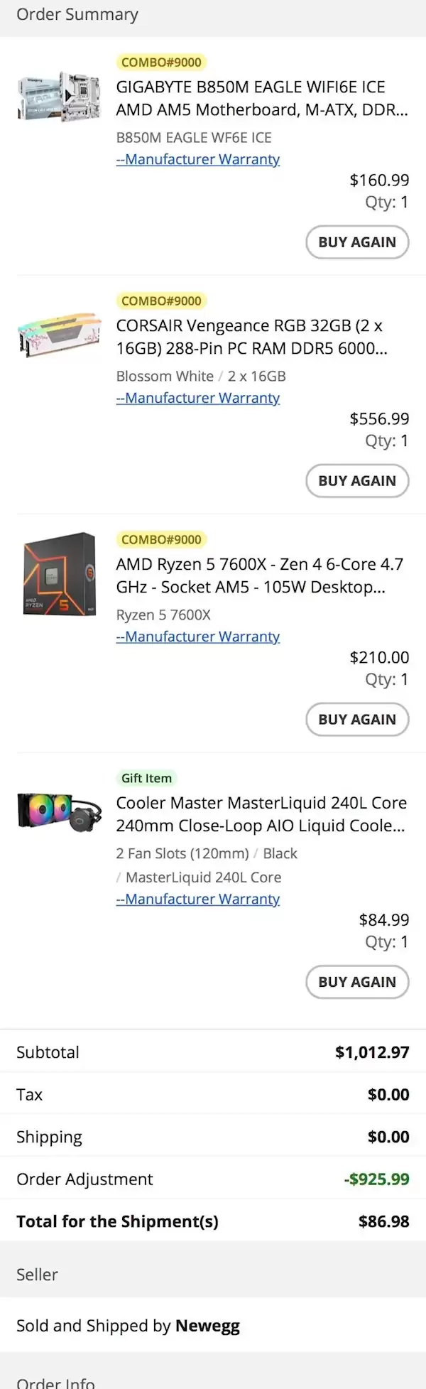 87美元捡漏1000美元套裝！32GB DDR5配锐龙5 7600X 还有主板＋水冷