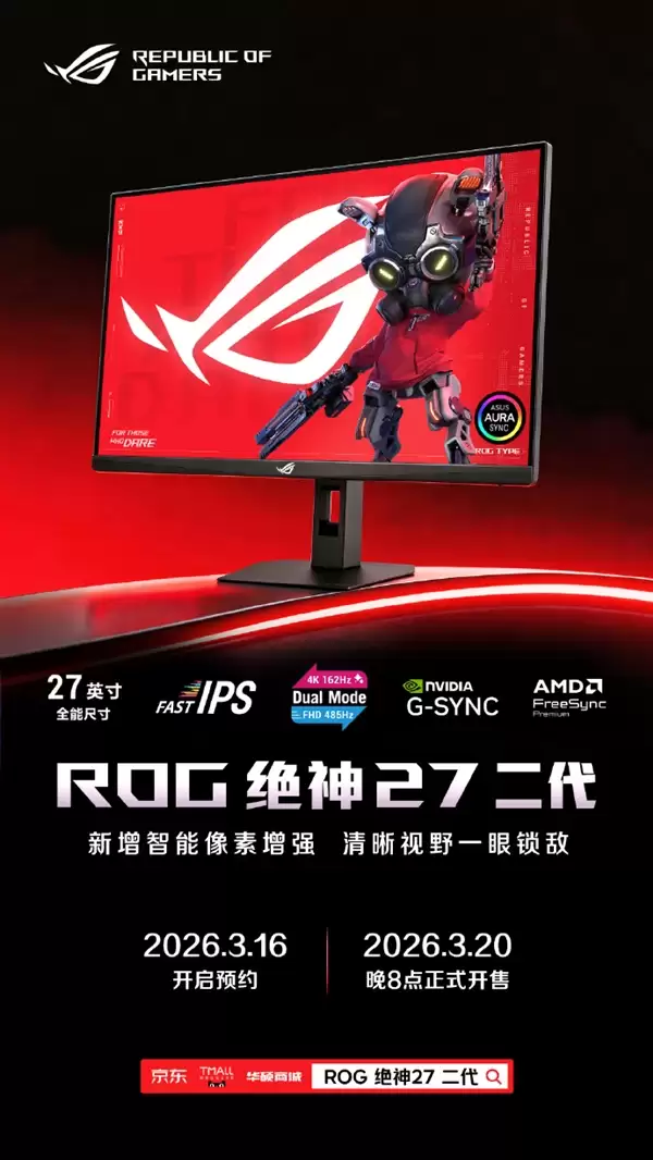 2499元！ROG绝神27二代显示器发布：4K/162Hz、1K/485Hz双模自由切换