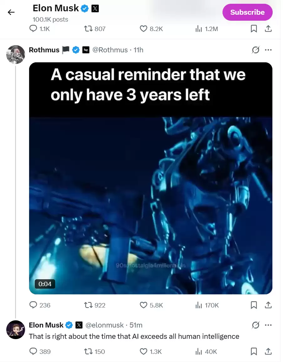 马斯克：人工智能将在3年后超过所有人类智能