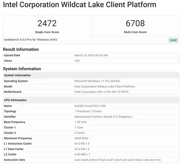 奇特5核心！Intel Wildcat Lake入门酷睿3 304首次跑分