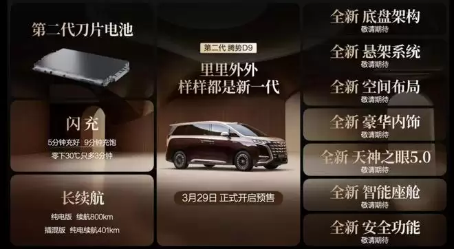 搭载第二代刀片电池及闪充技术 第二代腾势D9预售38.98万元起