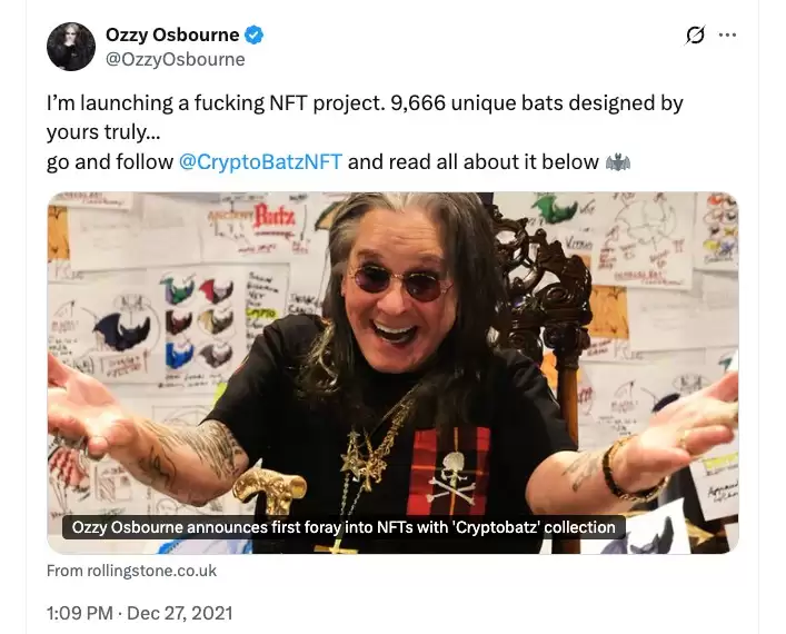 Ozzy Osbourne去世引发CryptoBatz NFT价格暴涨400%