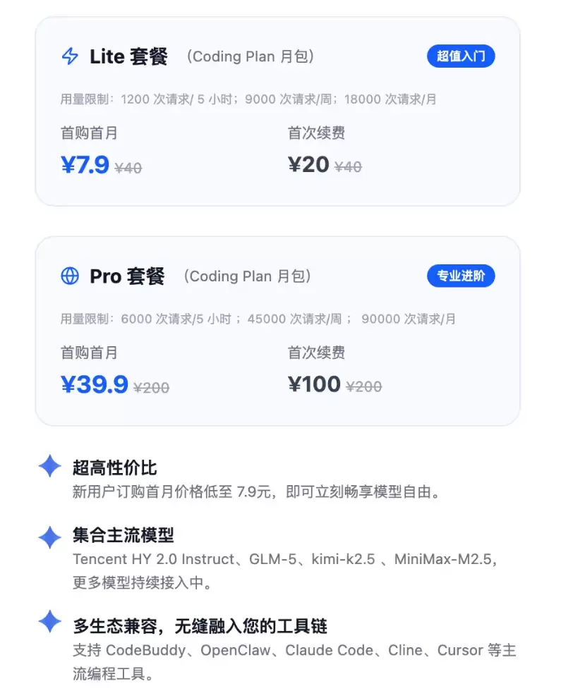 腾讯云上线全新 Coding Plan：支持 OpenClaw、Claude Code 等工具，新用户 Lite 套餐 7.9 元 / 月
