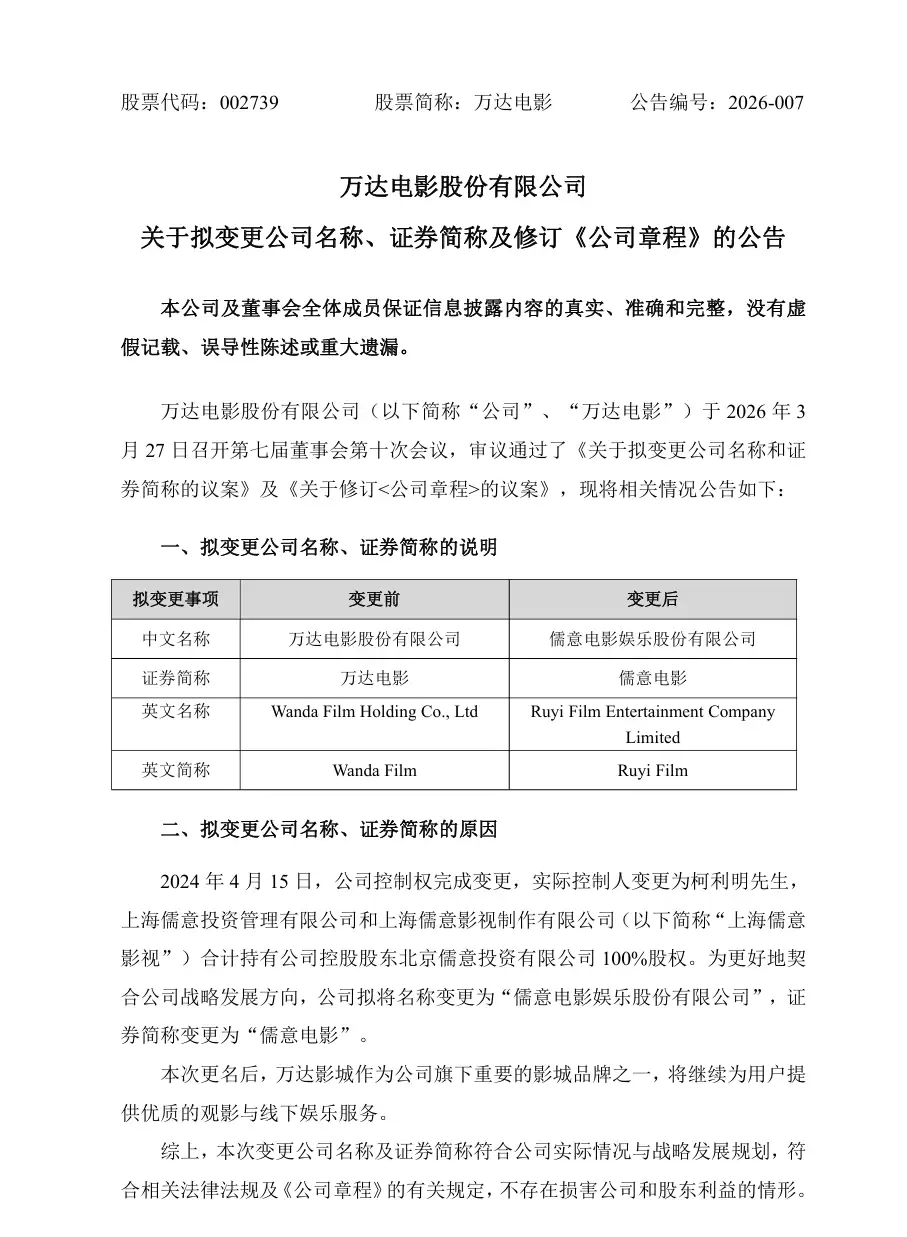 万达电影拟更名为“儒意电影娱乐股份有限公司”,契合战略发展方向