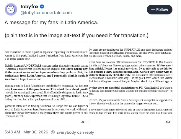 《传说之下》无西班牙语引发拉美玩家不满！作者亲自道歉解释