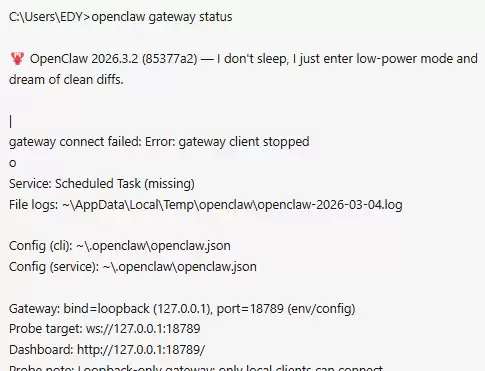 在新命令行窗口检查网关服务状态